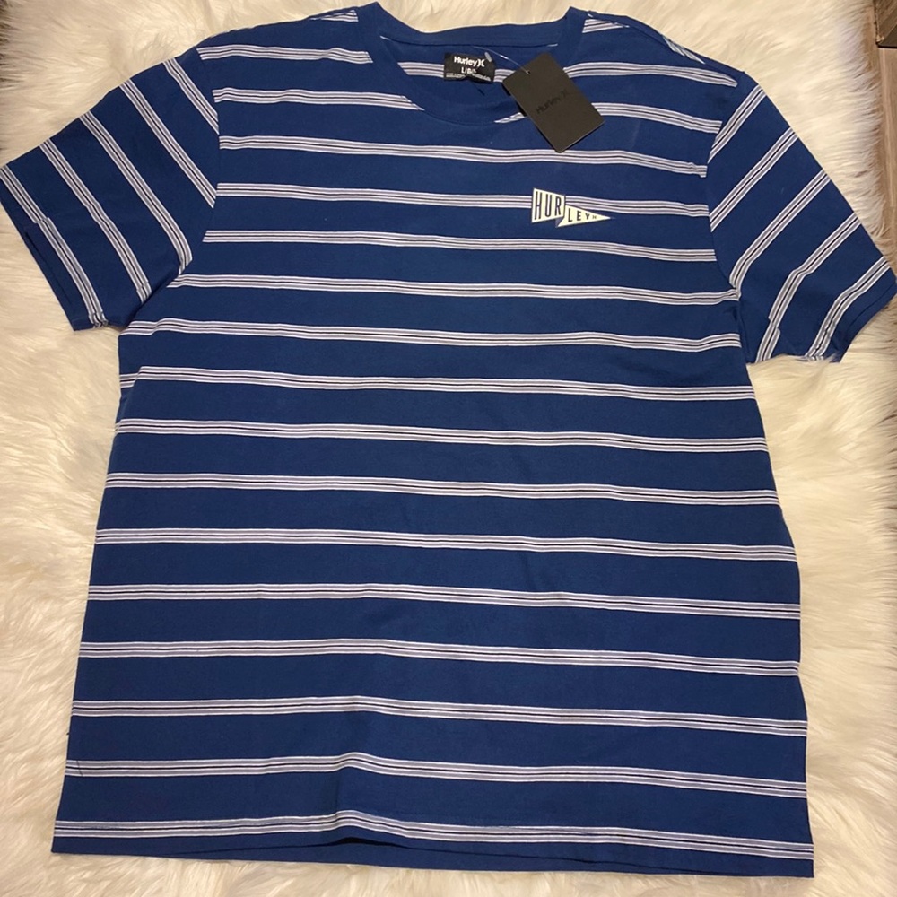 Men’s Hurley T-shirt Size Large Navy Blue with Gray and White Stripes NWT - Picture 1 of 6